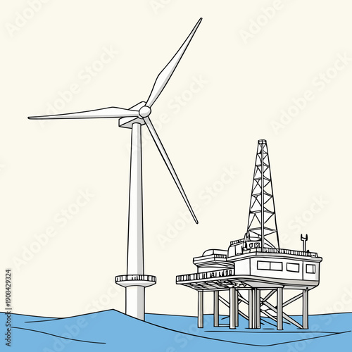Offshore wind turbine and oil rig installation wind farm