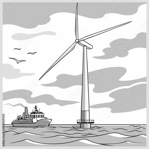 Offshore wind turbine and ship in sea boat