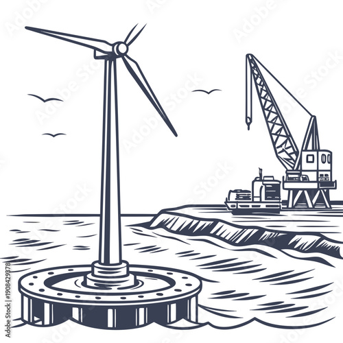 Offshore wind turbine construction with crane on barge