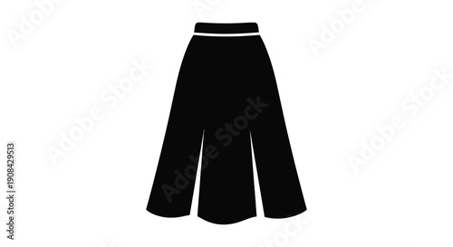 A minimalist black silhouette depicts a flowing wide legged skirt against a stark white background high quality professional detailed