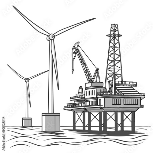 Offshore wind turbines and construction platform with cranes