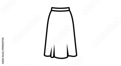 A simple black and white line drawing depicts a long flared skirt isolated on a white background high quality professional
