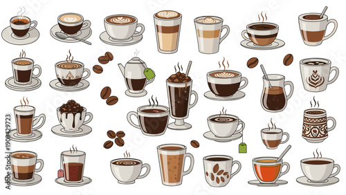 Various coffee drinks in cups on saucers