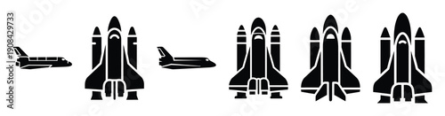 Vector set illustration of space shuttle icons. Simple transport silhouette icon design collection.