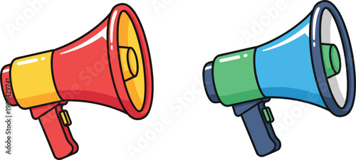 Cartoon megaphone loudspeaker icon set announcement promotion marketing communication flat vector illustration