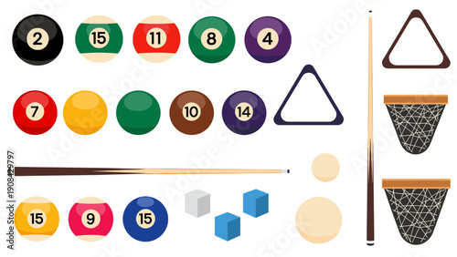 Colorful pool balls and accessories