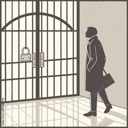 A man in a coat walks past a barred door with a padlock