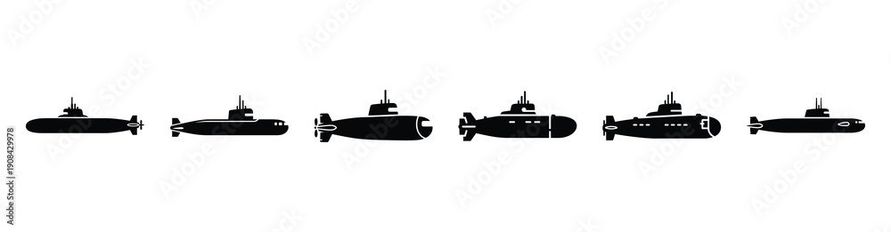 Fototapeta premium Vector set illustration of submarine icons. Simple transport silhouette icon design collection.