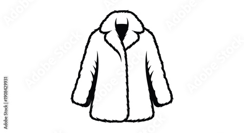 A simple black and white illustration depicts a fluffy oversized winter coat with a hood high quality professional