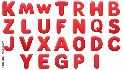 Red alphabet letters in a clean studio shot with bright even lighting for educational or design purposes.