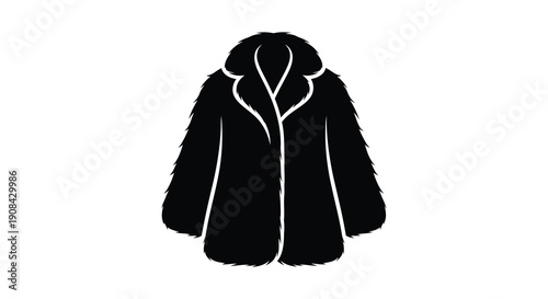 A stark black and white silhouette depicts a luxurious fluffy fur coat with a prominent hood and collar