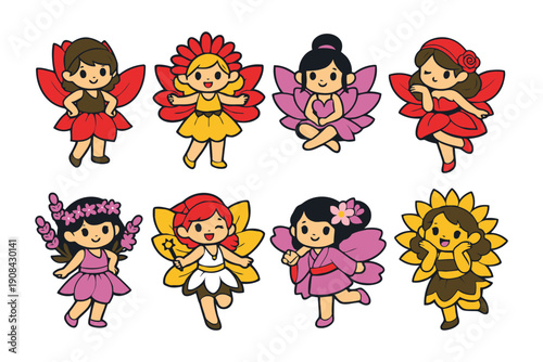 A group of cute cartoon fairies in various colorful outfits and wings are standing together