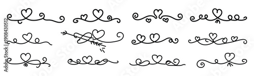Heart line love set. Heart line outline swirl ribbon calligraphy hand drawn element design wedding graphic. Vector illustration.   