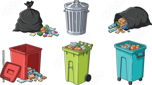 Vector Illustration Set of Garbage Containers Including Metal Trash Can Plastic Recycling Bins and Black Waste Bags for Urban Sanitation and Environmental Management Design
