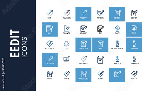 Professional content editing and document refinement icon set featuring revision update write compose change and administrative file management vector elements