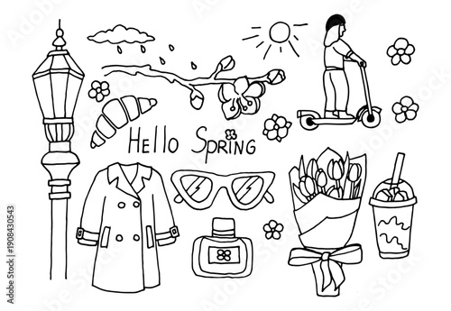  A simple set of black and white hand-drawn doodles Spring in the City. Vector illustration isolated.