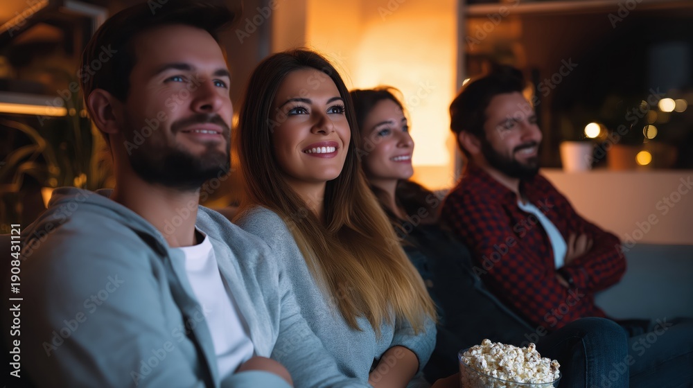 Fototapeta premium Group of friends watching movie and enjoying popcorn at home 