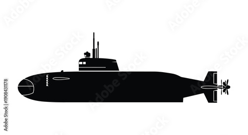 A stark black profile depicts a submerged military submarine with a conning tower showcasing a distinct silhouette