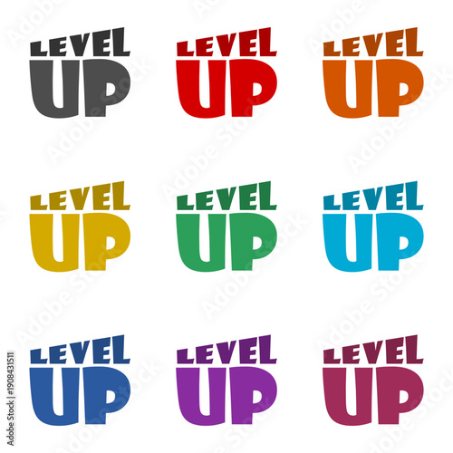 Level up word icon isolated on white background. Set icons colorful