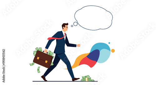 Happy businessman walking with a briefcase full of money and a thought bubble against a bright colorful backdrop.