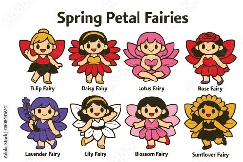 A colorful illustration of eight Spring Petal Fairies with flower petal wings and names
