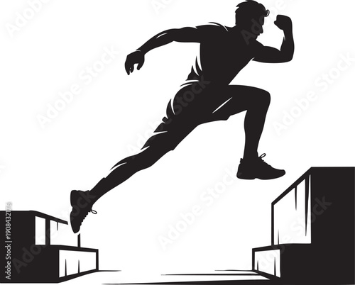 Runner jumping hurdles, athletic silhouette, track and field sport, dynamic motion, illustration