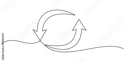 A minimalist continuous one line drawing depicting a circular arrow symbol for recycling and renewal