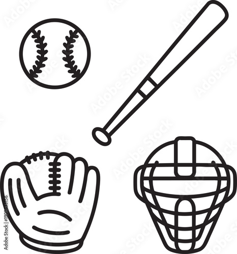 Baseball equipment icons: ball, bat, catcher's mask, and glove on grid background