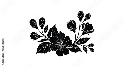 A delicate arrangement of black floral shapes and leaves creates a striking botanical composition silhouette high quality professional