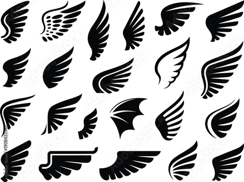Wings Vector Illustration, Angel Bird Feather Wings Symbol, Freedom Concept, Tattoo Design, Logo Icon, Black and White Artwork