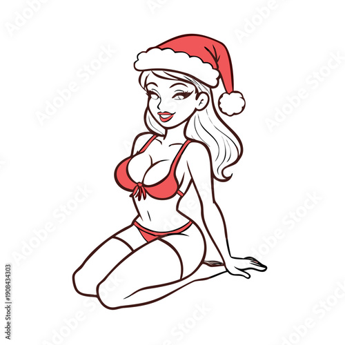 Woman in red Santa hat and bikini poses playfully