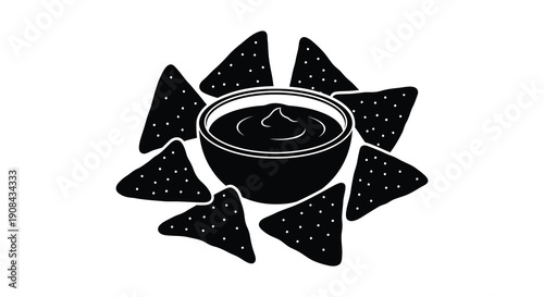 A black silhouette depicts a bowl of dip surrounded by tortilla chips creating a snack food composition silhouette