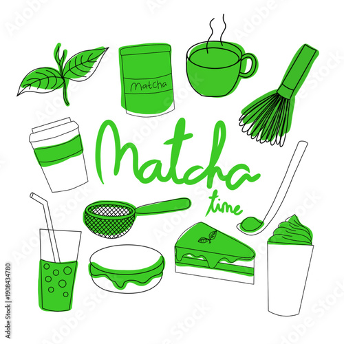 vector illustration with green tea drinks and desserts