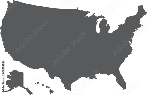 Minimalist black silhouette map of the united states isolated on transparent background
