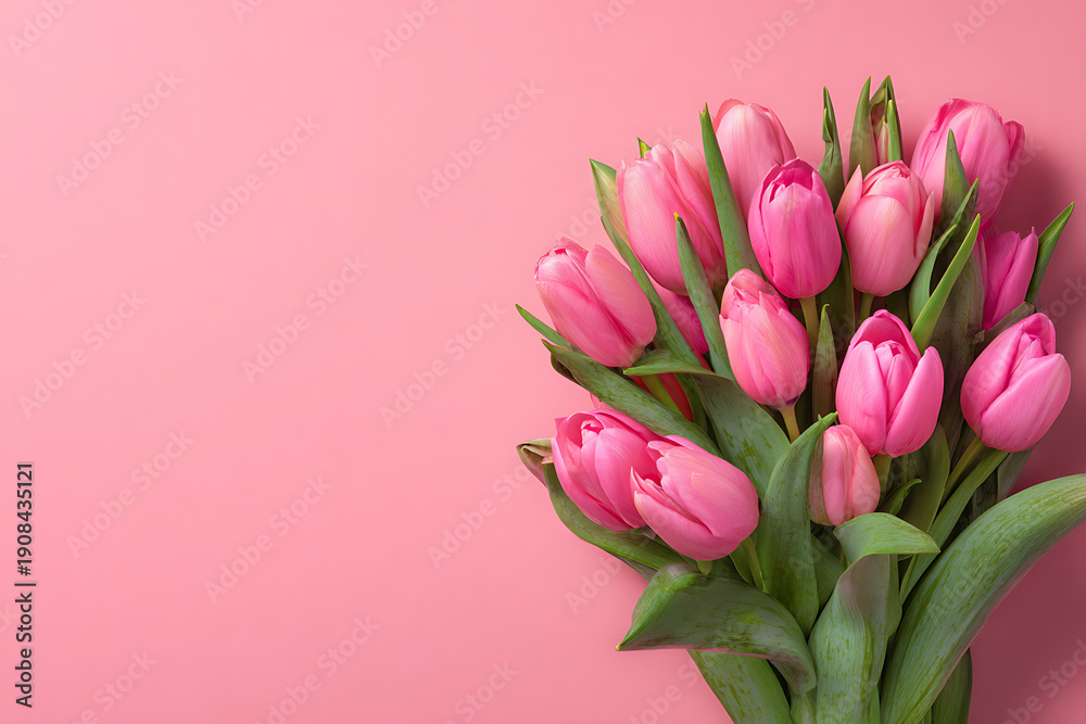 Fototapeta premium Fresh Pink Tulips Bouquet on Soft Pastel Pink Background with Ample Copy Space, Delicate Spring Flowers