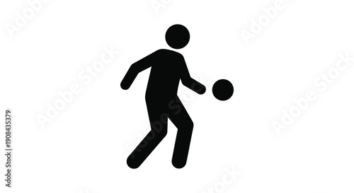 A minimalist black silhouette depicts a person actively kicking or playing with a round ball isolated on white