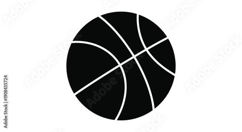 A simple graphic illustration depicts a black basketball with white lines showcasing its spherical shape and panel design