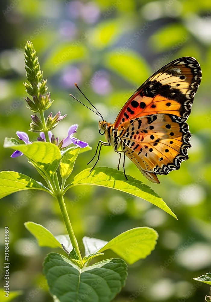 Obraz premium Brilliant orange patterned insect rests upon vibrant green foliage near small purple blossoms