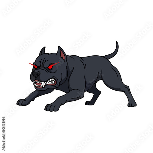 Fierce Black Dog Attack Stance Vector Illustration with Red Eyes