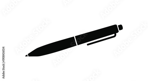 A simple black and white silhouette of a ballpoint pen depicted at a slight angle on a white background