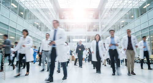 Dynamic team of doctors and nurses swiftly move through a modern hospital, creating a bustling scene of urgent healthcare and collective purpose, illustrating efficient medical operations