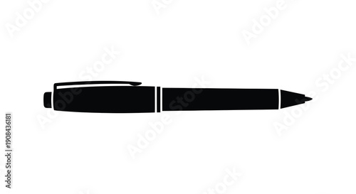 A minimalist black silhouette of a ballpoint pen lies horizontally against a stark white background high quality professional