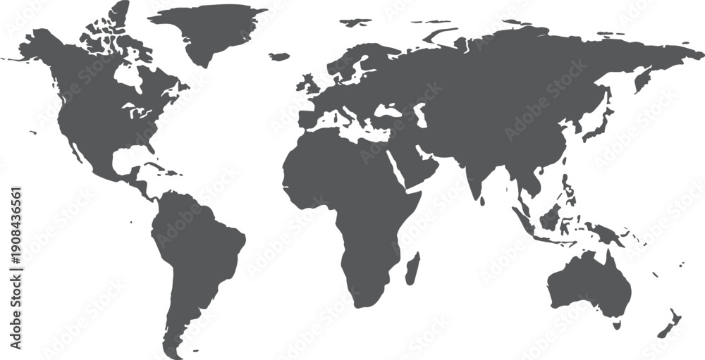 Fototapeta premium Minimalist world map with dark continents isolated on transparent background