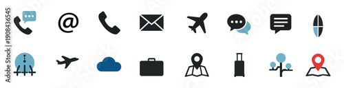 Travel and communication icons including airplanes location markers contact symbols and luggage