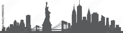 Silhouette skyline of new york city with statue of liberty isolated on transparent background
