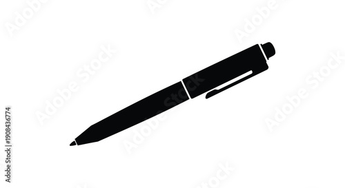 A minimalist depiction of a black ballpoint pen isolated on a stark white background showcasing its form