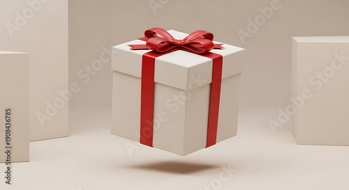A beautifully wrapped gift box with a vibrant red ribbon on a white surface. isolated on transparent background, isolated on white background, illustration