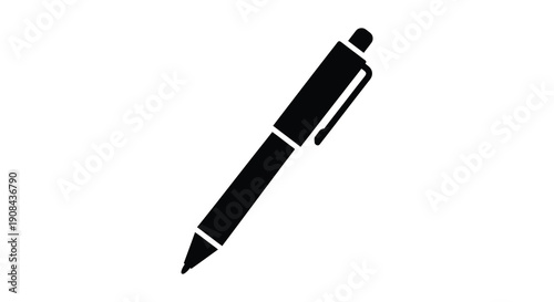 A simple black silhouette of a ballpoint pen positioned diagonally on a stark white background high quality professional