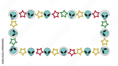 Rectangular frame composed of colorful stars and teal alien heads on a white background for a fun and playful space themed decoration.