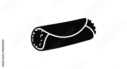 A simple black and white illustration depicts a burrito showcasing its wrapped form and textured filling high quality